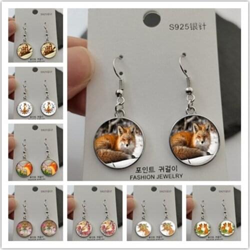 Fashion cute fox and flower women pattern glass cabochon earrings cute animal earrings girls ladies accessories gifts