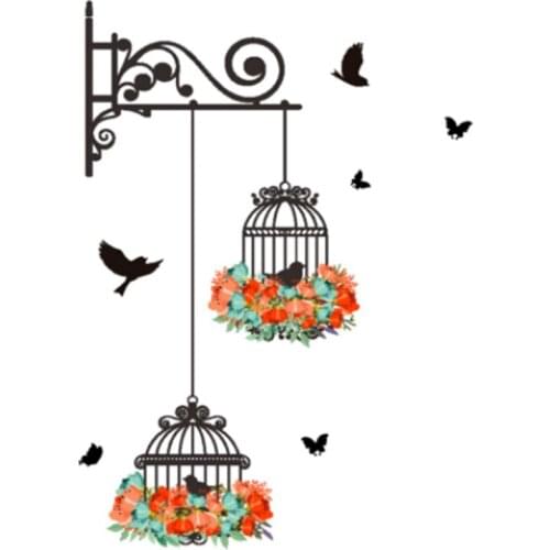 Cartoon Colorful Flower and Bird Cage PVC Wall Stickers for Kids Room Home Decoration