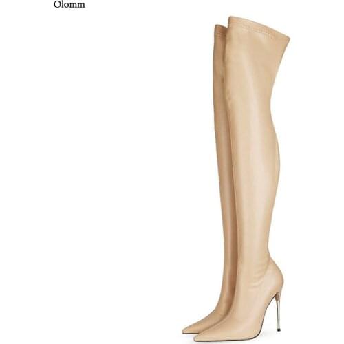 Olomm New Fashion Women Winter Flexible Thigh Boots Stiletto Heel Pointe Toe Gorgeous Nude Party Dress Shoes Women US Size 5-13