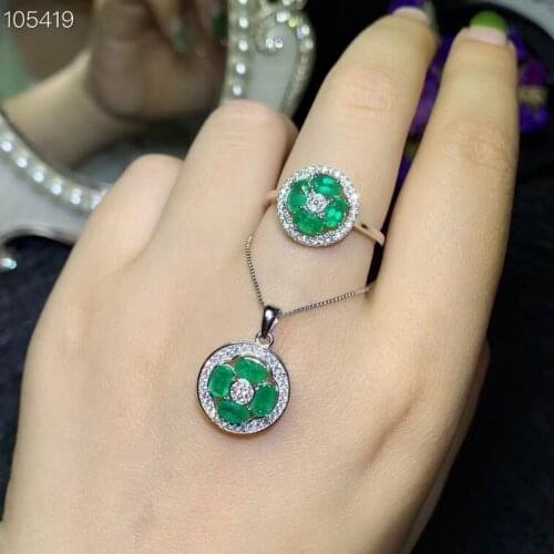 Charming women jewelry green emerald gemstone ring necklace jewelry set 925 silver natural emerald gem certified birthday gift