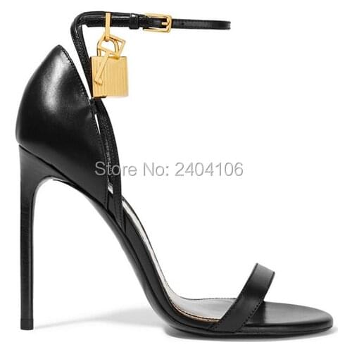 Solid Black Leather Summer Shoes Woman Buckle Strap Sandales Talon Femme Sexy Stitello High Heels Metal Padlock Sandals Women