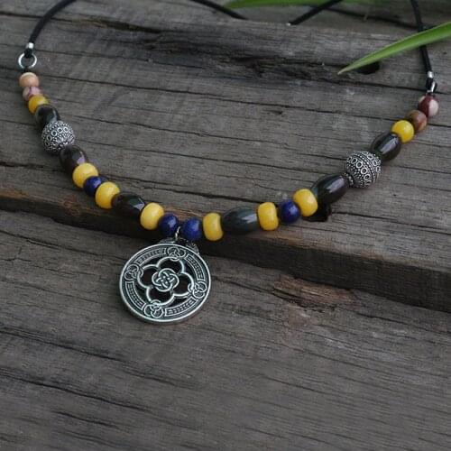 8mm Lapis Lazuli Yellow Beads Necklace,Colorful Beads Necklace,viking slavic Ethnic Jewelry, celt Knot Warrior Pendant