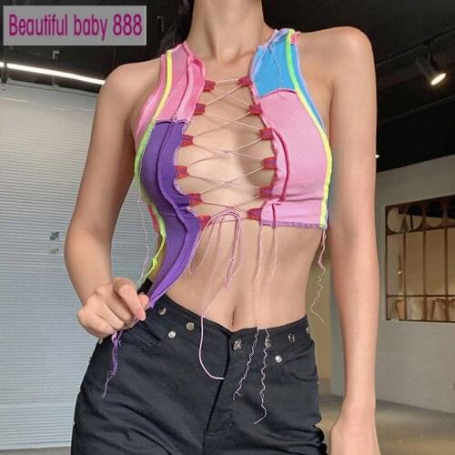 Sexy hollow out camisole women Punk style Ribbed knitting crop tops club party wear Colorful tank top bandage vest female