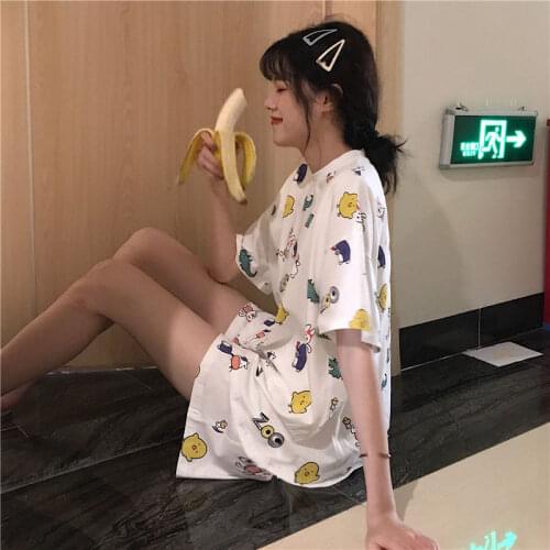 Pajama Sets Women Cute Korean Style Cartoon Leisure Loose Summer Sleepwear Student Elastic Comfortable Fashion Nightwear Soft