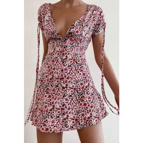 Summer High Waist Deep V Floral Dress Women Mini Dress A-Line Beach Style Drawstring Short Sleeves Short Dress Flowers Print