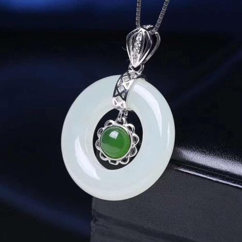 New White Jade Natural Jade safety male and female ice species fluttering flowers green large jade pendant