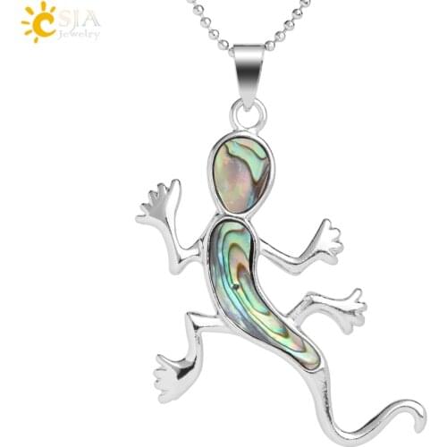 CSJA House Lizard Gecko Pendant & Necklace New Zealand Natural Abalone Shell Silver Color Pendants Animal Jewelry Women Men G053