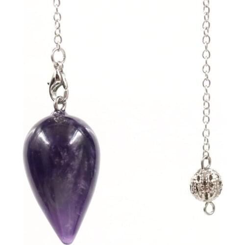 Silver Plated Tear Drop Amethysts Stone Pendant with Metal Ball Chain Rock Crystal Pendulum Jewelry