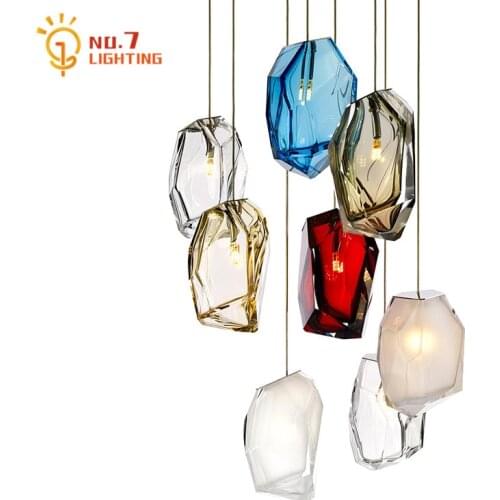 Post Modern Colorful Crystal Polygonal Glass Ice Cube Pendant Light for Living/Dining Room Staircase Restaurant Balcony Corridor