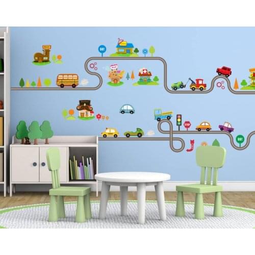 Removable Cartoon Bus Cars Road Traffic Roadlines Living Room Kids Room Wall Stickers Door stickers Colorful DIY Gift