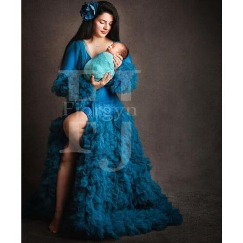 Teal Tulle Maternity Dress Robes for Photography Puffy Ruffled Bridal Robe See Through Long Parent Child Photo Baby Shower Party