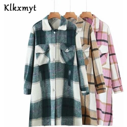 Klkxmyt Za Trench Coat Women 2020 Fashion Woolen Check Windbreaker Vintage Long Sleeve Pockets Female Outerwear Chic Tops
