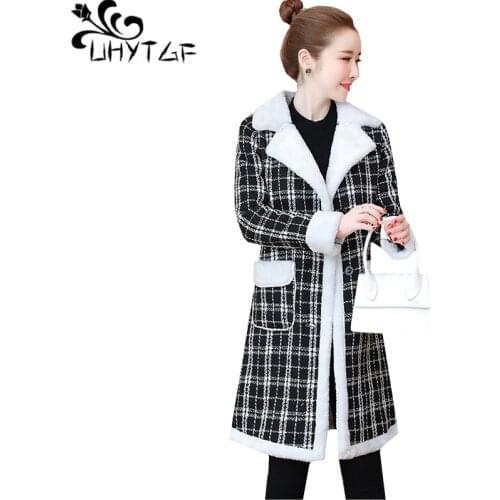 UHYTGF Women winter coats fashion Plus velvet plaid autumn wool coat female casual loose 5XL plus size jacket abrigos mujer 561