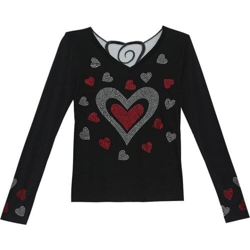 Spring autumn2020 new black Gauze sexy backless T shirt love Hot drill decoration long-sleeved V-neckslim women Tees tops