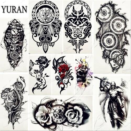 Waterproof Black Totem Men Art Tattoo Stickers Women Henna Arm Totem Tattoos Temporary Gear Arm Chest Warrior Fake Tatoos Flora
