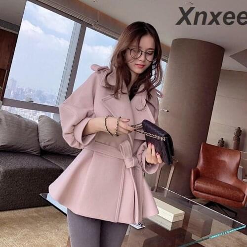 2019 Winter woman Turn Down Collar Slim Elegant Jackets Lantern Sleeve female short Blends Coat Xnxee