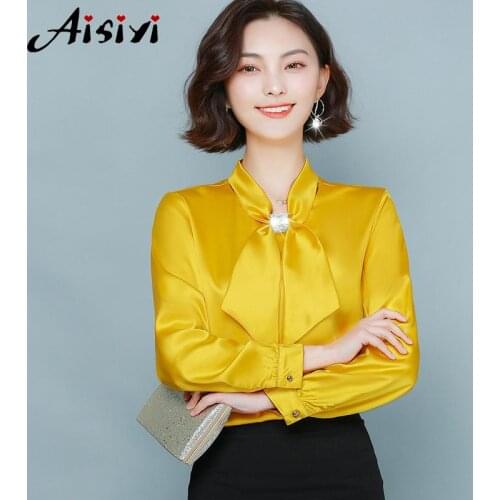 Womens Long Sleeve Satin Tops and Blouses Celmia Elegant High Collar Shirt Women Loose Bow Tie Casual Blusas Feminina Plus Size
