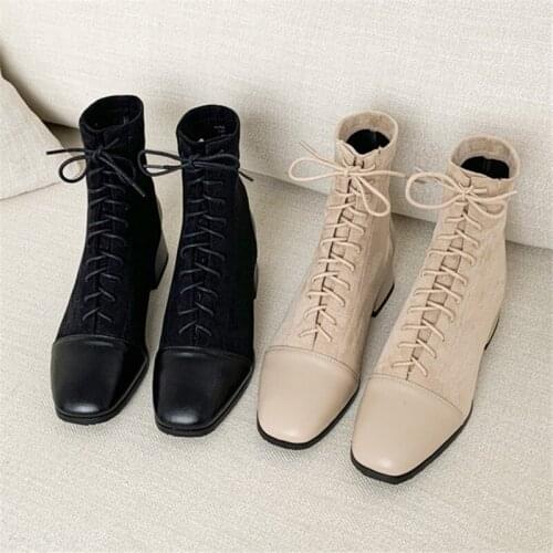 2021 Autumn Winter Women Ankle Boots Shoes Solid Black Beige Lace-up Square Toe Rubber Elegant fashion Low Heels Women Boots 43