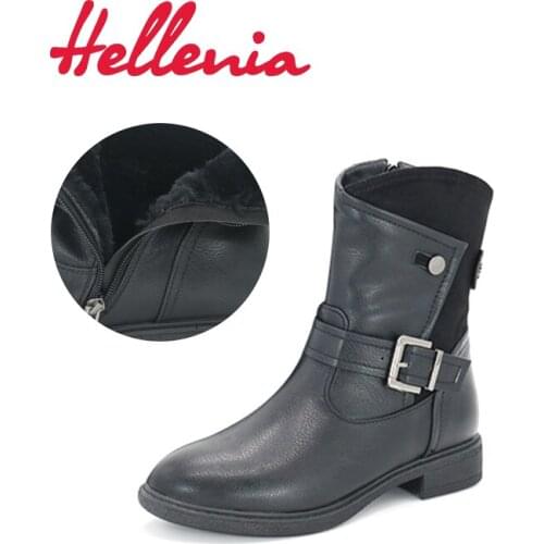 Hellenia 2017 Autumn Winter Short Boots Martin Boot Female Europe Wind Black Womans PU leather Boots Ankle Plush lining winter