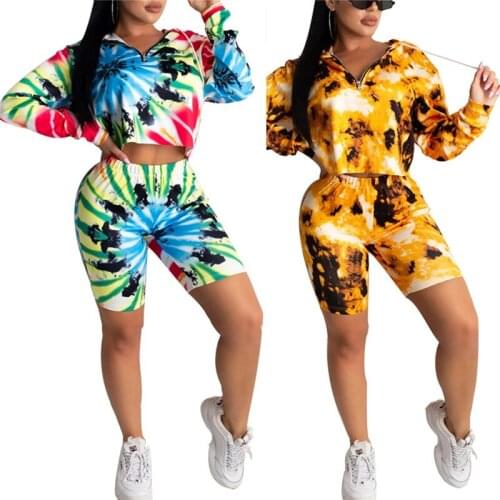 Women Spirng Autumn Sprots Suits Long-Sleeved Zipper Hoodie Tops Elastic Dye Printed Casual Yellow Shorts Women Tracksuit