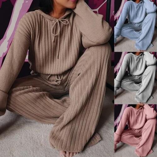 Autumn Winter Knitted Two Piece Set Women Outfit Long Sleeve Hooded Pullover Top Wide Leg Long Pants 2 Piece Set Women Tracksuit