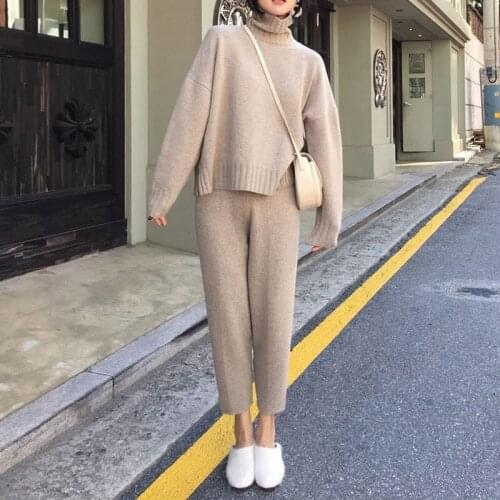 Casual Sweater Pants Knitted 2 Pieces Set Turtleneck Pullovers & Elastic Waist Pants Women Sweater Sets 2020 Autumn Knitted Set