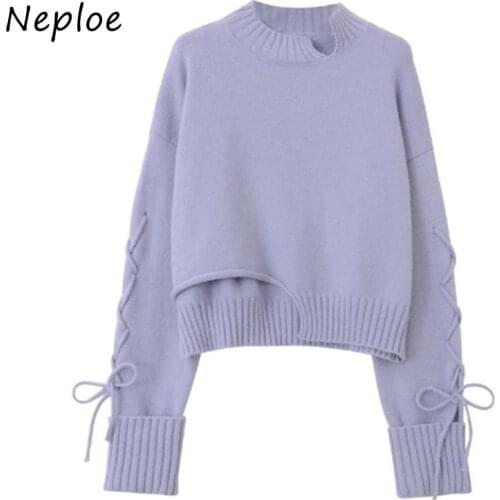 Neploe Loose Crazy Style Solid Knit Sweater Women O Neck Pullover Long Sleeve Pull Femme Lace Up Bow Design Loose Sueter Winter