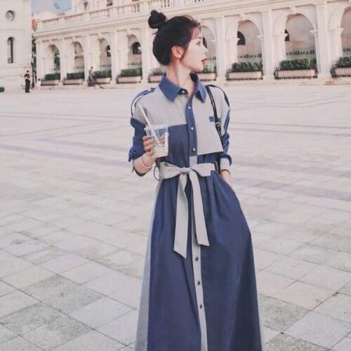 2021 Spring Fashion Women Maxi Dress New Button Loose Sashes Lapel Long Sleeve Patchwork Streetwear Vestido Ladies Shirt Dresses