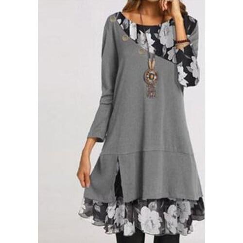 Plus size Womens Dress 2021 Casual Long Sleeve Flower Print Dress Women Casual O Neck Patchwork Party Dress Ladies Dress
