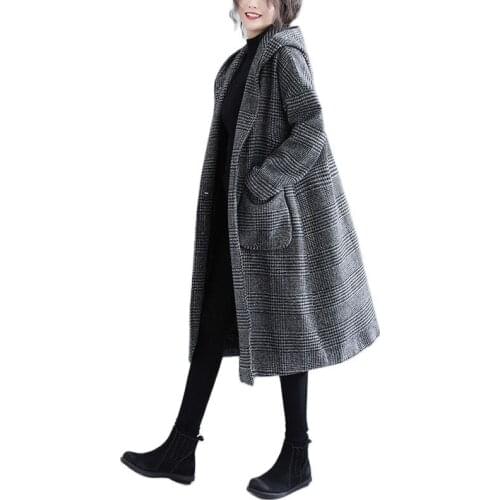 2020 Vintage Autumn Winter Plaid Woolen Coats New Large Size Fashion Loose Hooded Long Coat Women Jackets Female Outerwear V1094