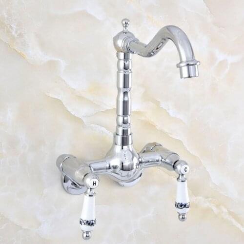 3-3/8" Polished Chrome Dual Handles Bathroom Kitchen Sink Faucets Wall Mounted Swivel Spout Two Holes Kitchen Mixer Taps Nqg201