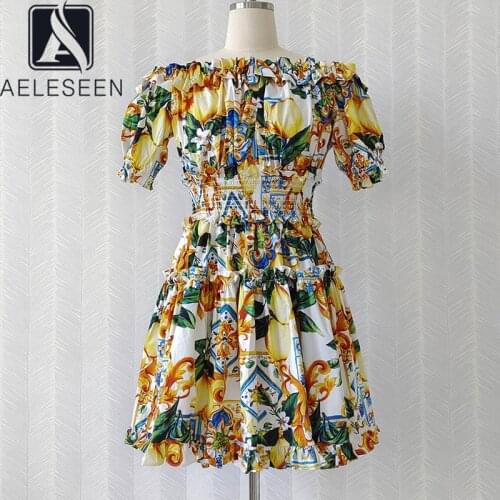 AELESEEN Womens Summer 100% Cotton Dress Fashion Slash Neck Puff Sleev Lemon Print Ruffles Party Mini Beach Dress