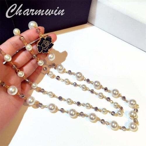 Charmwin New Fashion Classic Two Layers Sweater Chain Long Necklaces For Women Imitation Pearl Crystal Flower Necklaces PN0369