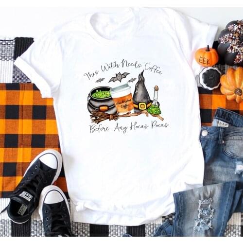 Colored This Witch Needs Coffee T-shirt Funny Autumn Witchcraft Halloween Tshirt Trendy Women Witchy Graphic Tee Shirt Top