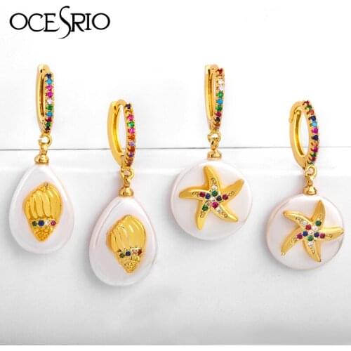 Dainty Round Natural Shell Starfish Drop Earrings Cubic Zirconia Gold Filled Conch Earring For Women Fashion Jewelry ers-r53