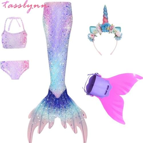 2021 Rainbow Girls Swimming Mermaid Tail Costume Cosplay Kids Swimsuit Fantasy Beach Bikini Can Add Monofin Fin Princess Dress