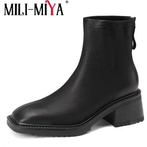 MILI-MIYA 2021 New Ankle Boots Women Thick Bottom Elegant Square Toe Genuine Leather Black Brown Zipper Dress All-Match Shoes