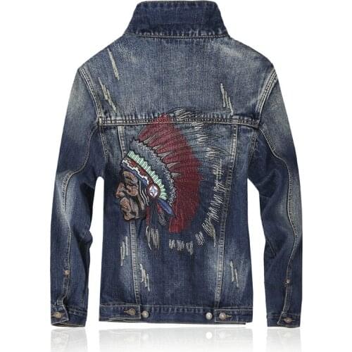Mens Fashion Denim Jacket Embroidery Ripped Slim Fit Denim Jacket Spring Autumn Coat