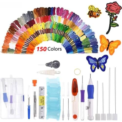 Magic Embroidery Pen Punch Needle Kit Craft 100/150 Colors Cotton Sewing Skein Embroidery Thread Floss Skein Kit DIY Sewing Tool
