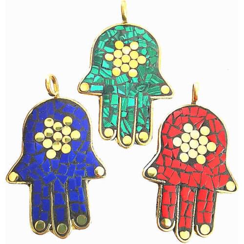 Nepal Hand Vintage Jewelry Tibetan Buddha Hand Amulet Pendants Brass Inlaid Colorful Stone Golden Pendant Multi Colors TBP002