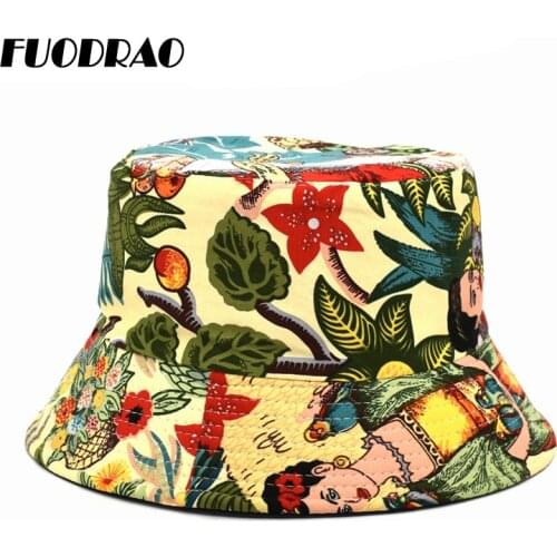 FUODRAO Original Summer Reversible Panama Womens Printed Bucket Hat Cotton Fisherman Hat Sun Hat Male Outdoor Hat M66