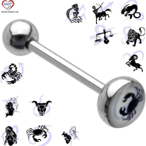 Showlove- Fashion Mixed 12Pcs Horoscope LogoTongue Barbell Rings 14Gauge Piercing Body Jewelry