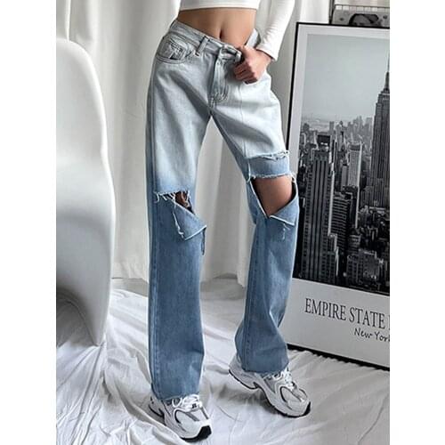 Slightly fat girls gradient ripped pants female fat sisters are thin mm straight jeans European and American hot girl style