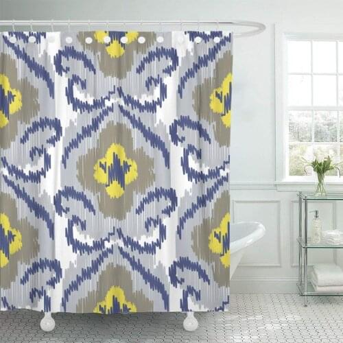 Beige Ikat Ogee Abstract Baroque Flower Pale Blue Shower Curtain Waterproof 60 x 72 Inches Set with Hooks
