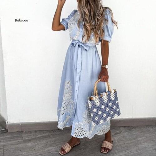 Women Elegant Puff Sleeve Lace Party Dress Sexy Hollow Out Patchwork Embroidery Long Dress Summer Tie-Up Belted Shirt Dress