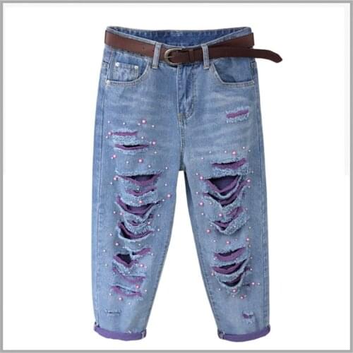 Spring Summer Womens Streetwear Denim Ripped Butt Jeans Harem Pants With Classical Fashion Hole Hollow Out Trousers For Female