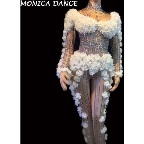 Women Sexy White Pink Flower Crystals Stage Costume Evening Jumpsuit Birthday Party Wear Singer Stage Performance Jumpsuit