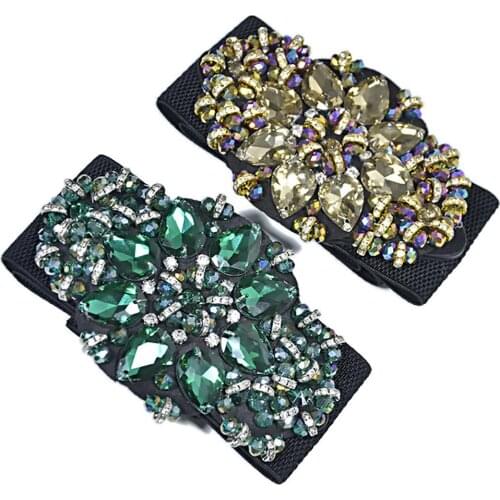Women Colorful Rhinestone Flower Waist Belt Elastic Wide Waistband Dress Decor new
