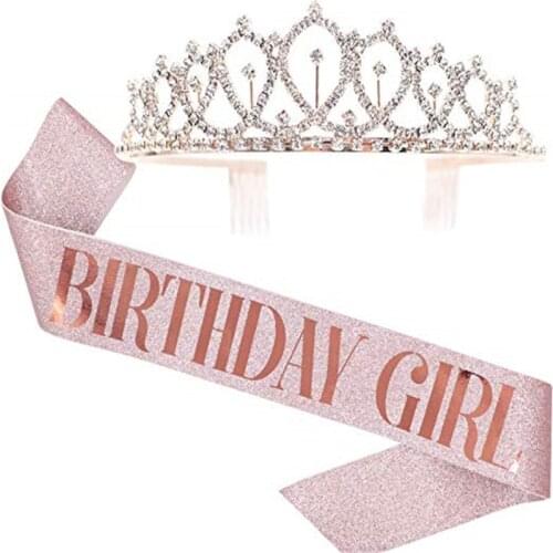 1Set Birthday Girl Queen Pink Princess Tiara Crown Sash 16th 18th 21st 30th Birthday Party Decoration Gifts Supplies