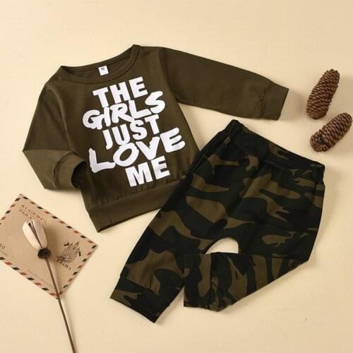 New Born Baby Boy Clothes 2pcs Set Cotton Letter Print Long Sleeve Tops+Camouflage Trousers Sport Baby Winter Clothing Set 0-24M